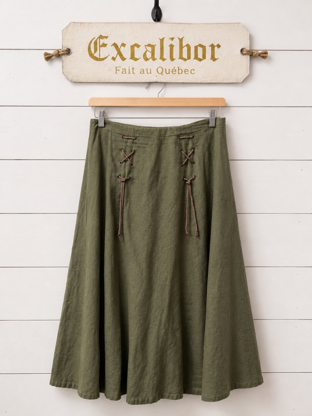 Excalibor Olive Green Lace-Up Maxi Skirt Made in Quebec size S/M